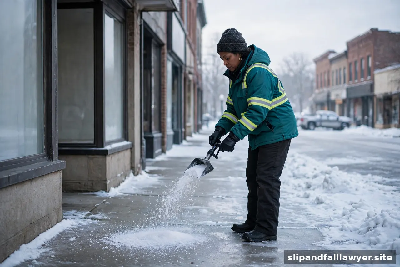 Maintenance worker spreading ice melt on a snowy storefront entrance walkway
