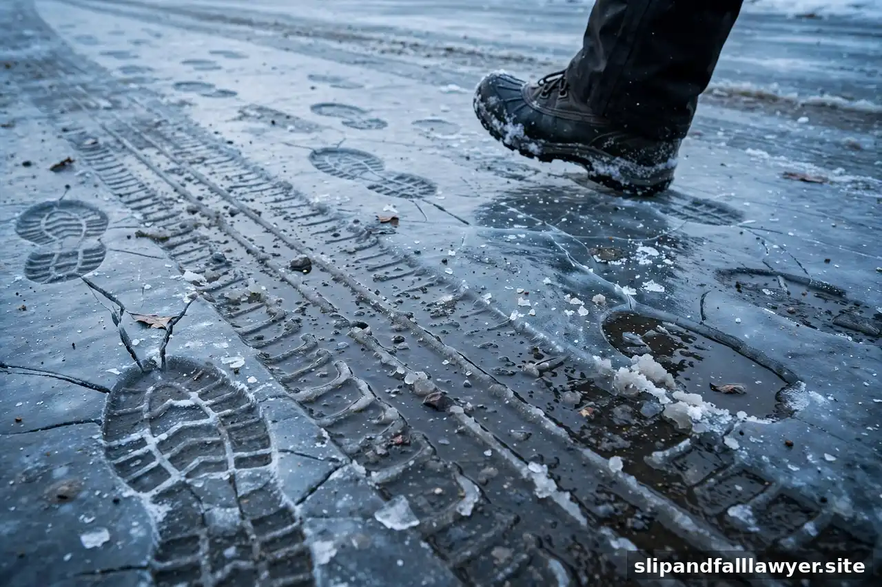 Close-up of an icy parking lot surface with footprints and a winter boot stepping in