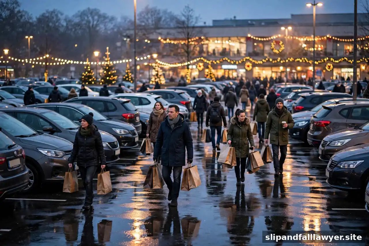 Crowded mall parking lot at dusk in December with shoppers and glowing holiday lights