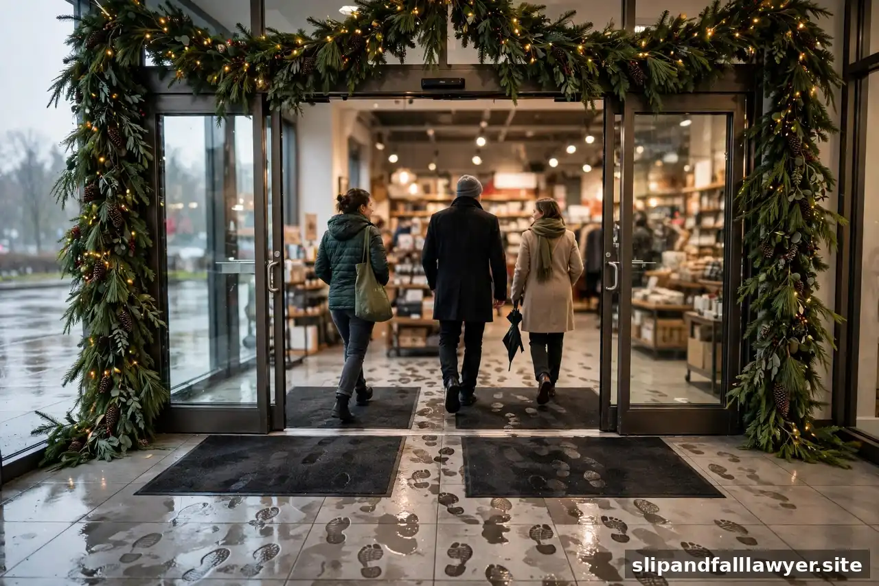 Shoppers entering a holiday-decorated store over floor mats with wet footprints on tile