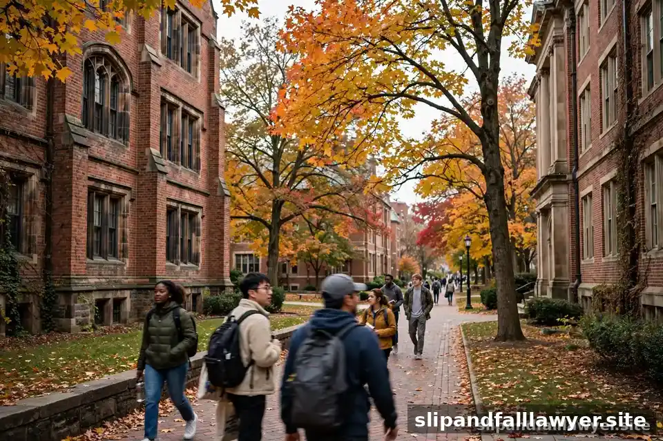Students walking along a tree-lined walkway on an American university campus in autumn
