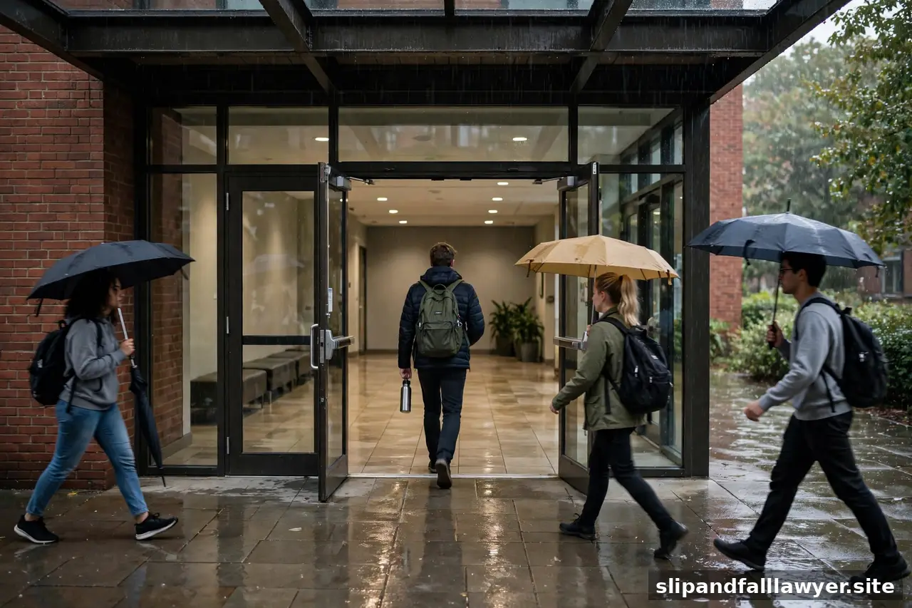 Students entering a college dormitory through glass doors on a rainy day
