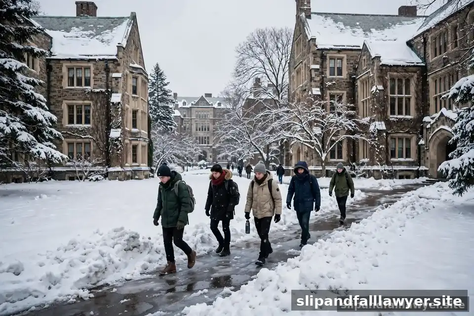 Students in winter coats walking carefully on a partially shoveled snowy campus path