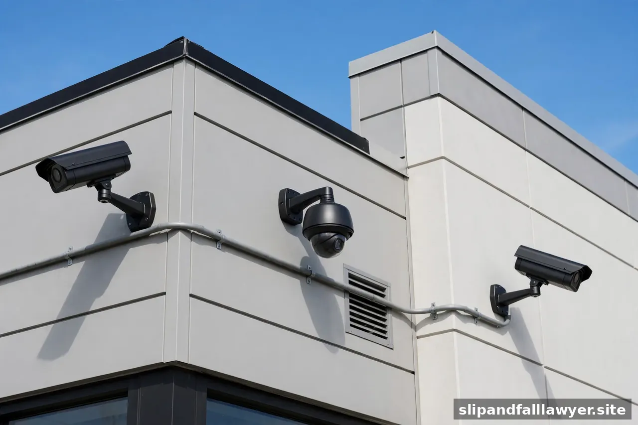 Security surveillance cameras mounted on the exterior wall of a commercial building