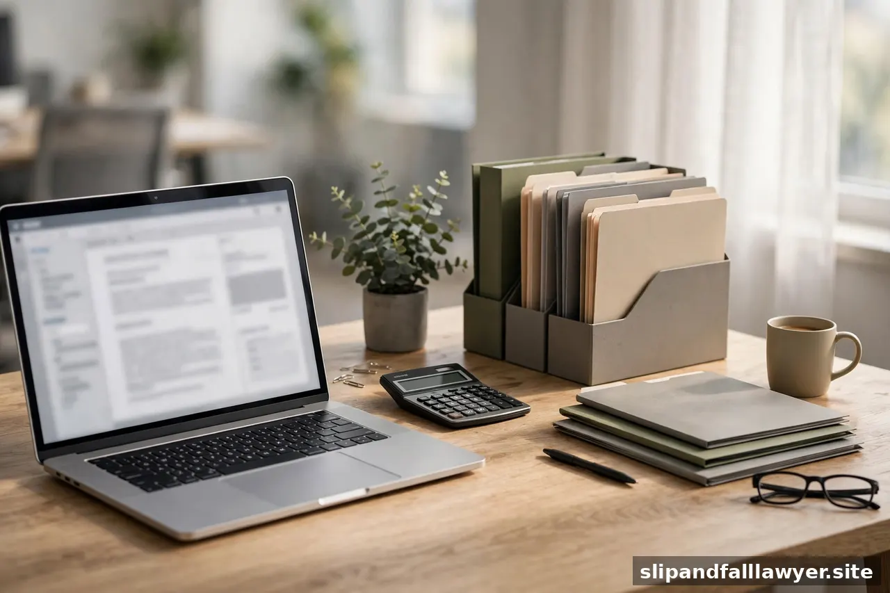Insurance office desk with laptop, organized claim folders, and soft window light