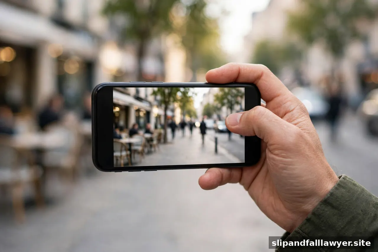 Hand holding a smartphone recording video of a city sidewalk scene